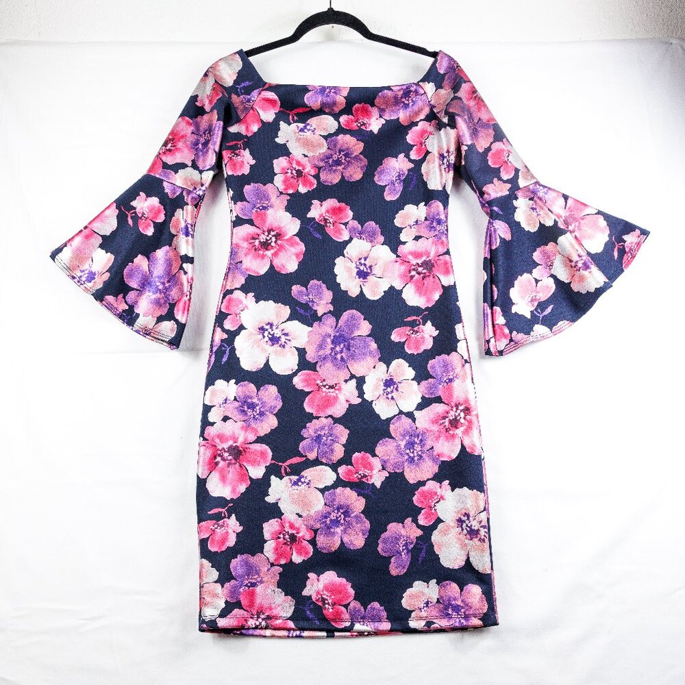 Olivia Matthews Bell Sleeve Bold Floral Sheath Dress Size 6 Made in USA 67191223